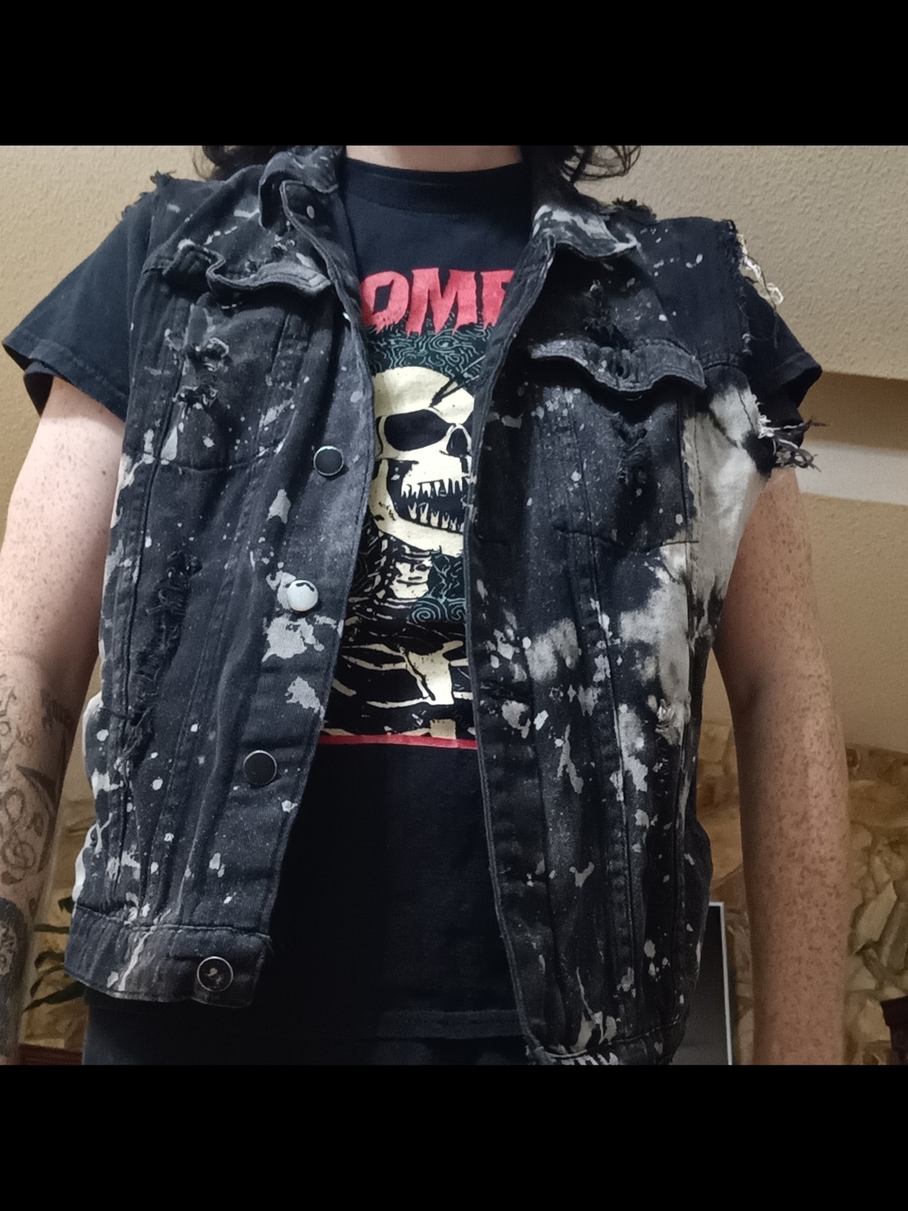 Black and White Bleach-Splatter Denim Vest